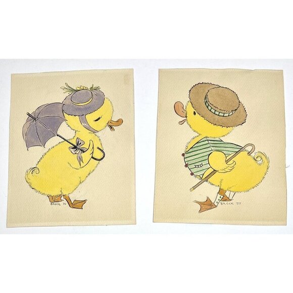 VTG SET 2 ORIGINAL WATERCOLOR Nursery Boy/Girl Ducklings 7"x9" Signed BROCK 1955 - Picture 1 of 2